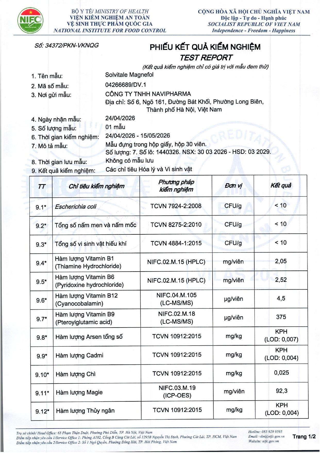 Phiếu kiểm nghiệm Viện NIFC Quốc Gia